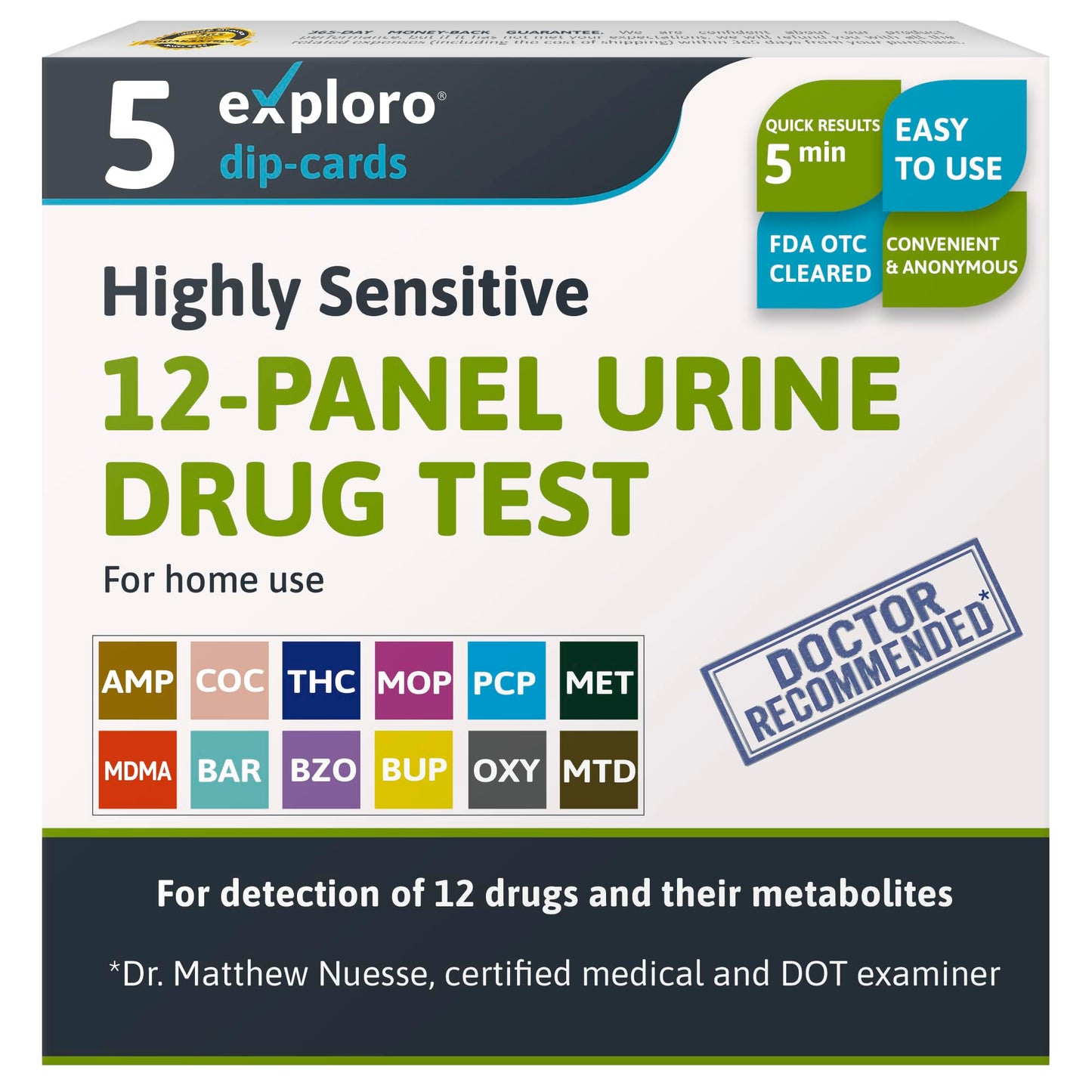 12-panel urine drug test kit with branding and product details on a white background
