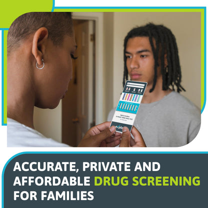 Person holding a drug testing kit with text about accurate, private, and affordable drug screening for families.