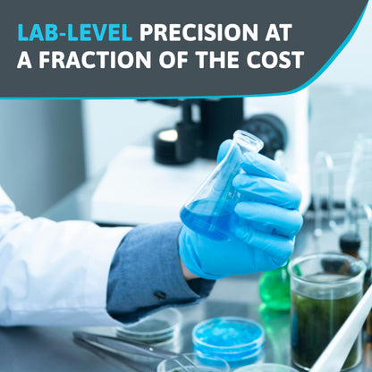 Person in a lab holding a beaker with text about lab-level precision at a fraction of the cost