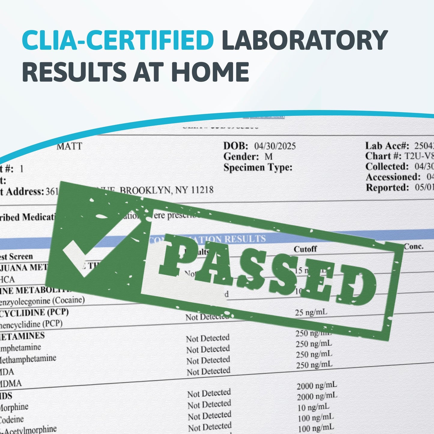CLIA-certified laboratory results document with a 'Passed' stamp on a white background