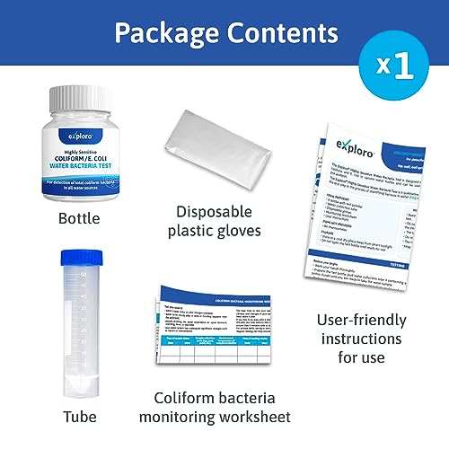 Home Tap & Well Water Bacteria Testing Kit (Coliform/E. Coli). package contains bottle, disposable plastic gloves, instructions, tube, coliform bacteria monitoring worksheet